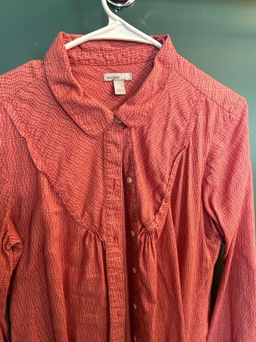 Old Navy Coral-Red Button Front Ruffled Yoke Shirt